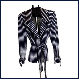 Seven 7 Navy White Striped Belted Coat Sz M Nautical Parisian Maritime Coastal